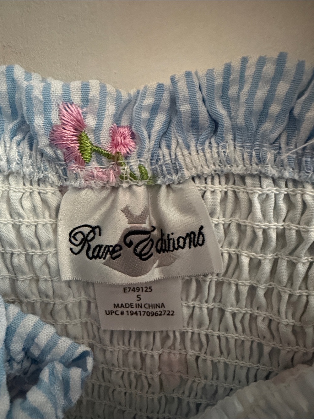 Macy's Blue Striped Smocked Floral Ruffle Dress - Picture 2 of 3